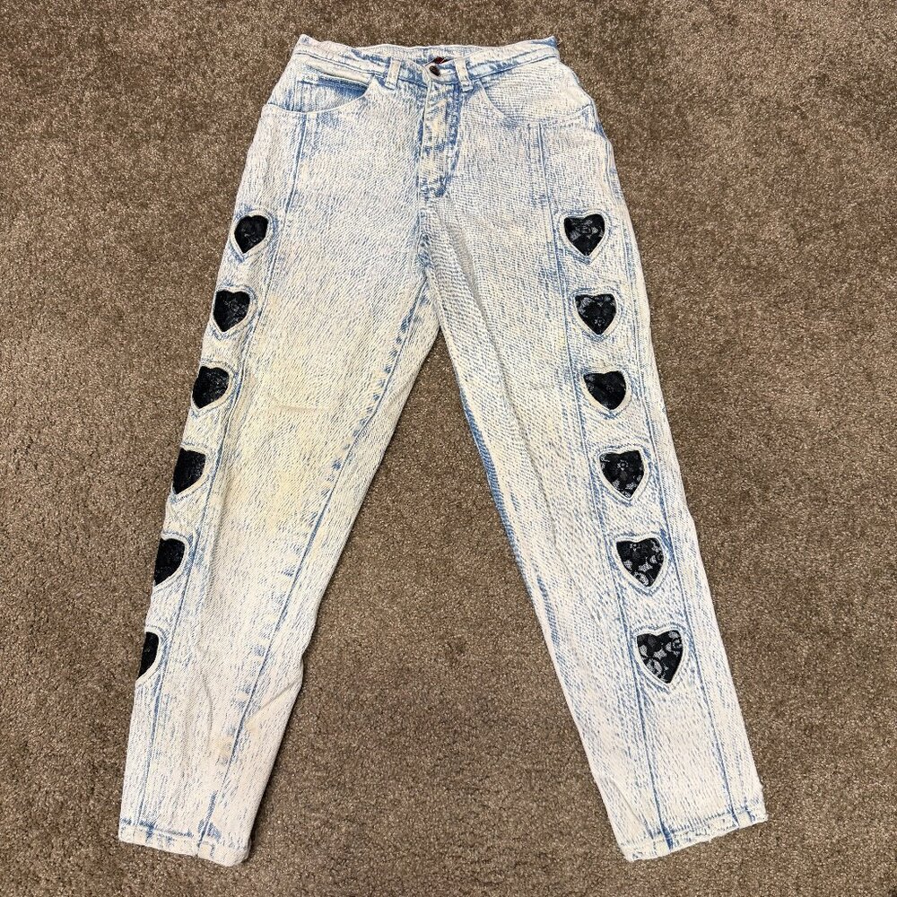 Vintage Stefano International Mom Jeans Womens 8 Blue Heart Shaped Cut Acid Wash